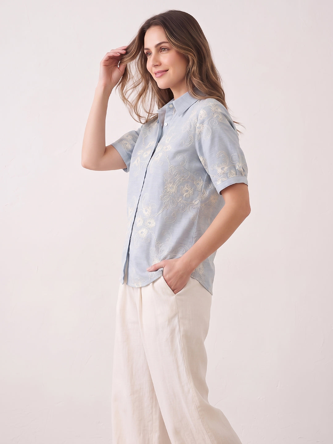 Blue Printed Cotton Blend Tunic Top