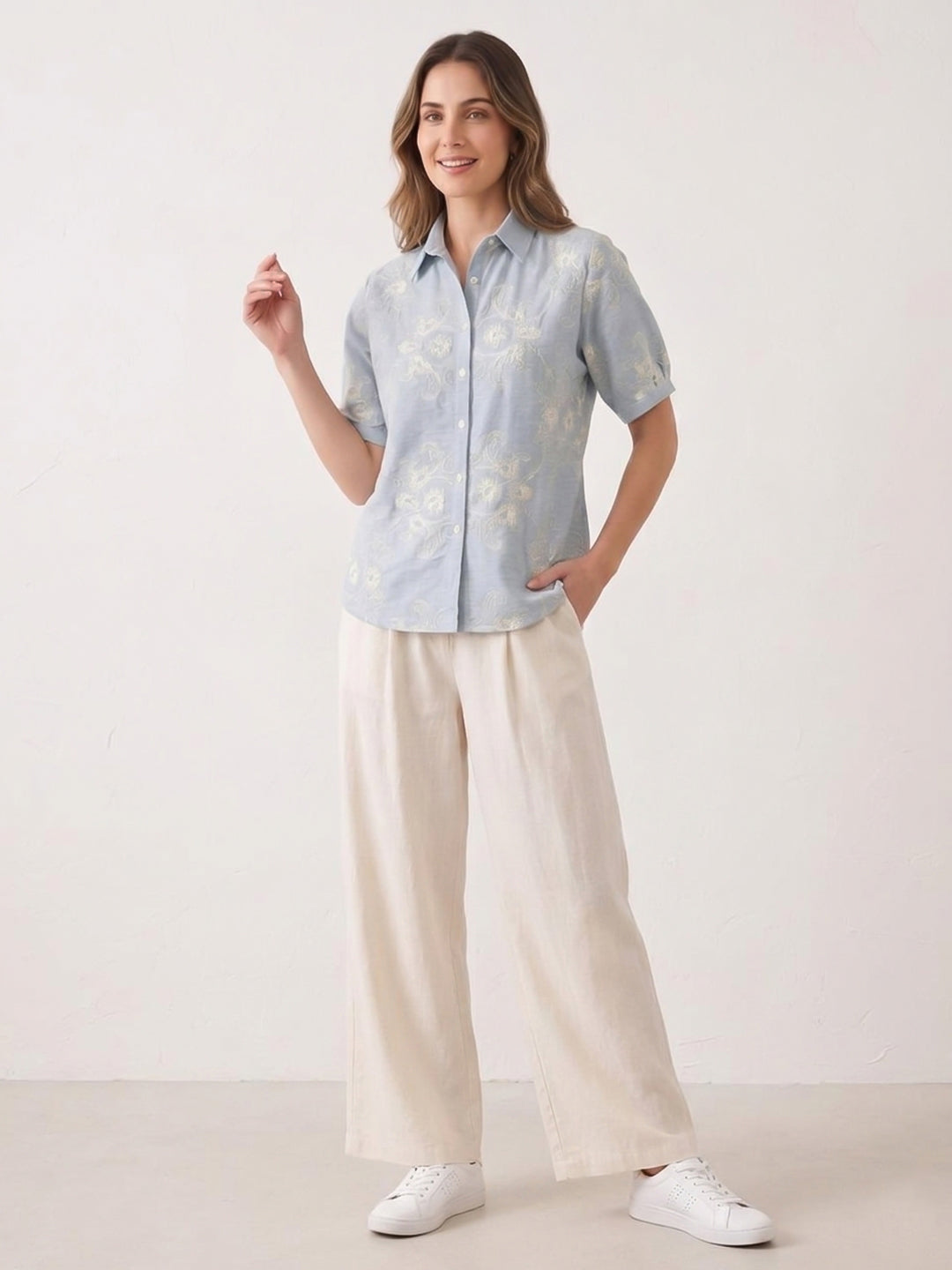 Blue Printed Cotton Blend Tunic Top