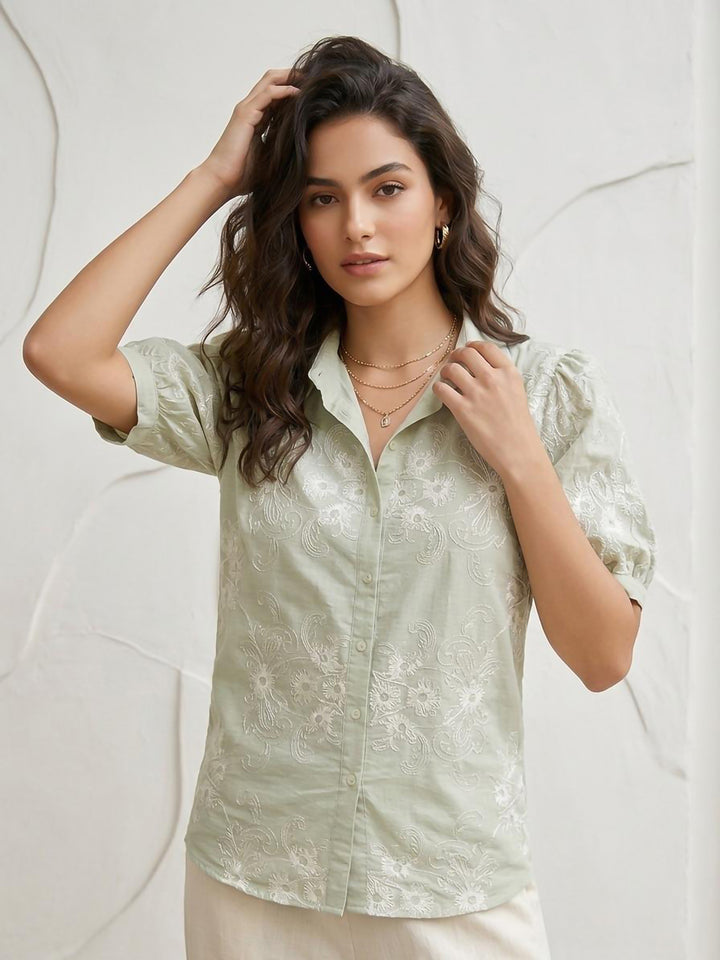 Sea-Green Printed Cotton Blend Tunic Top
