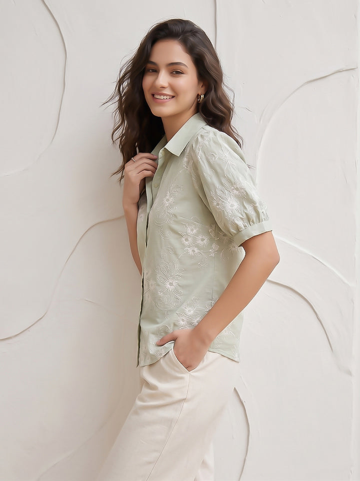 Sea-Green Printed Cotton Blend Tunic Top