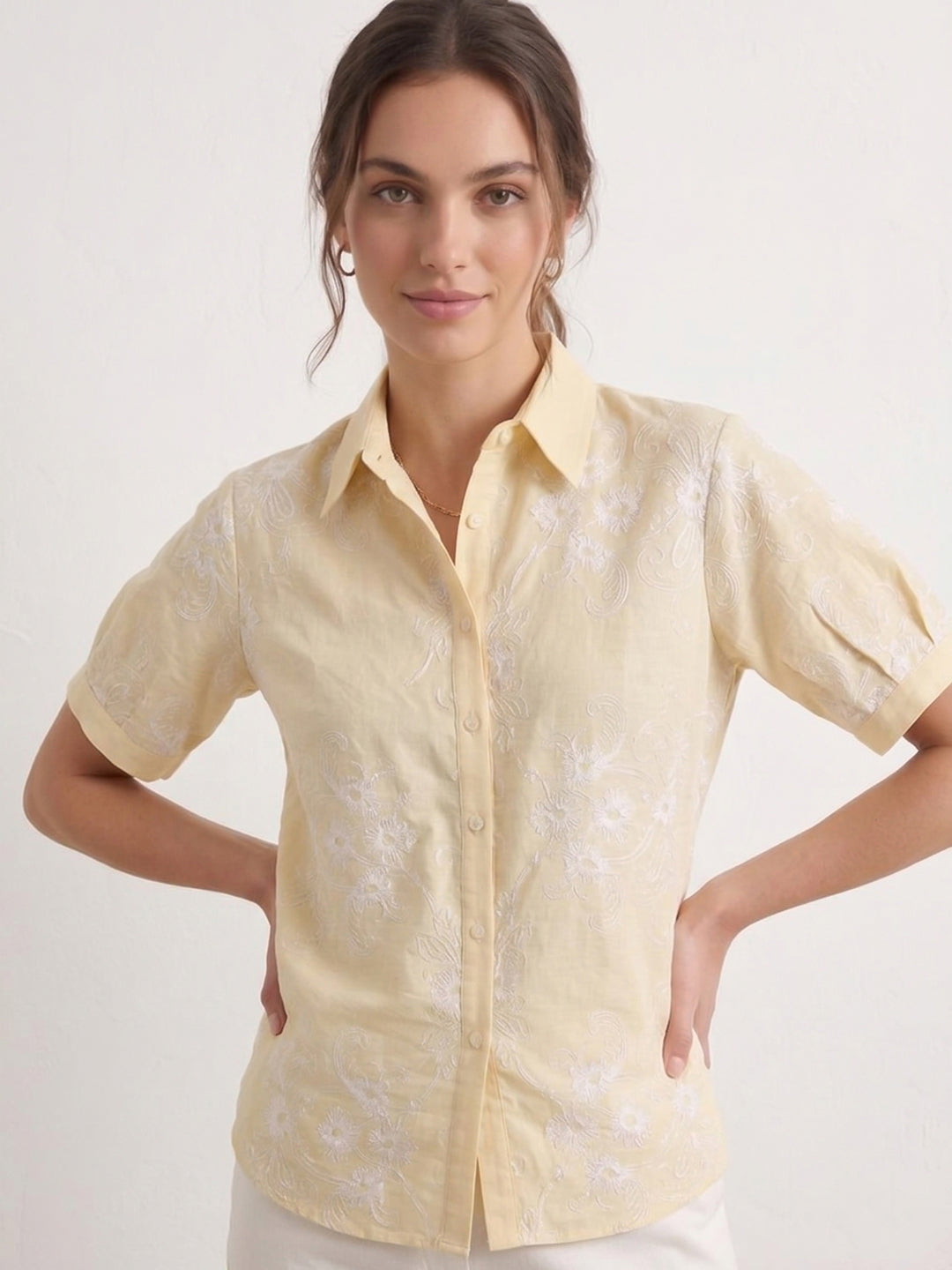 Yellow Printed Cotton Blend Tunic Top