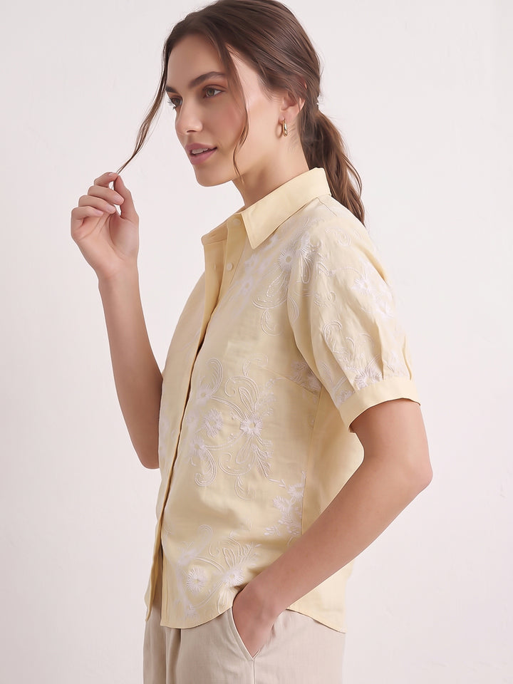 Yellow Printed Cotton Blend Tunic Top