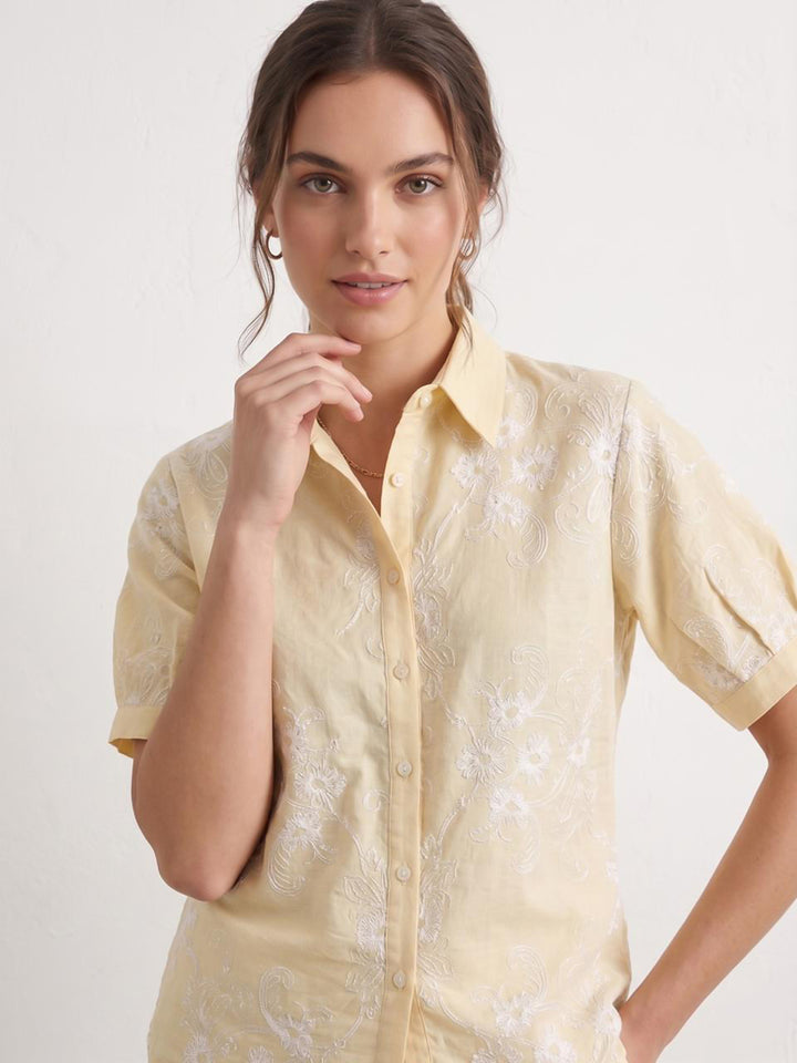 Yellow Printed Cotton Blend Tunic Top
