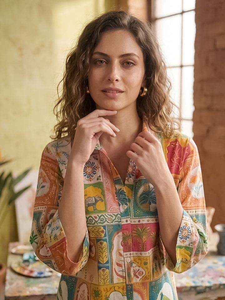 Multi-Colored Printed Cotton Blend Tunic Top