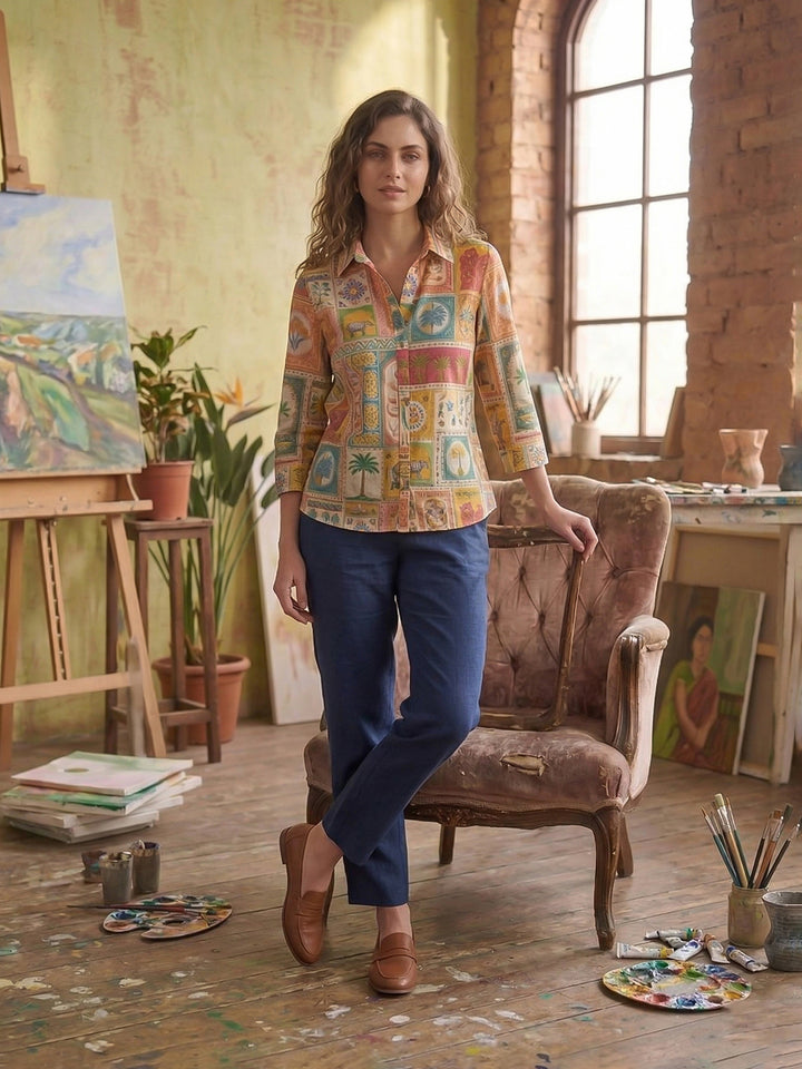 Multi-Colored Printed Cotton Blend Tunic Top