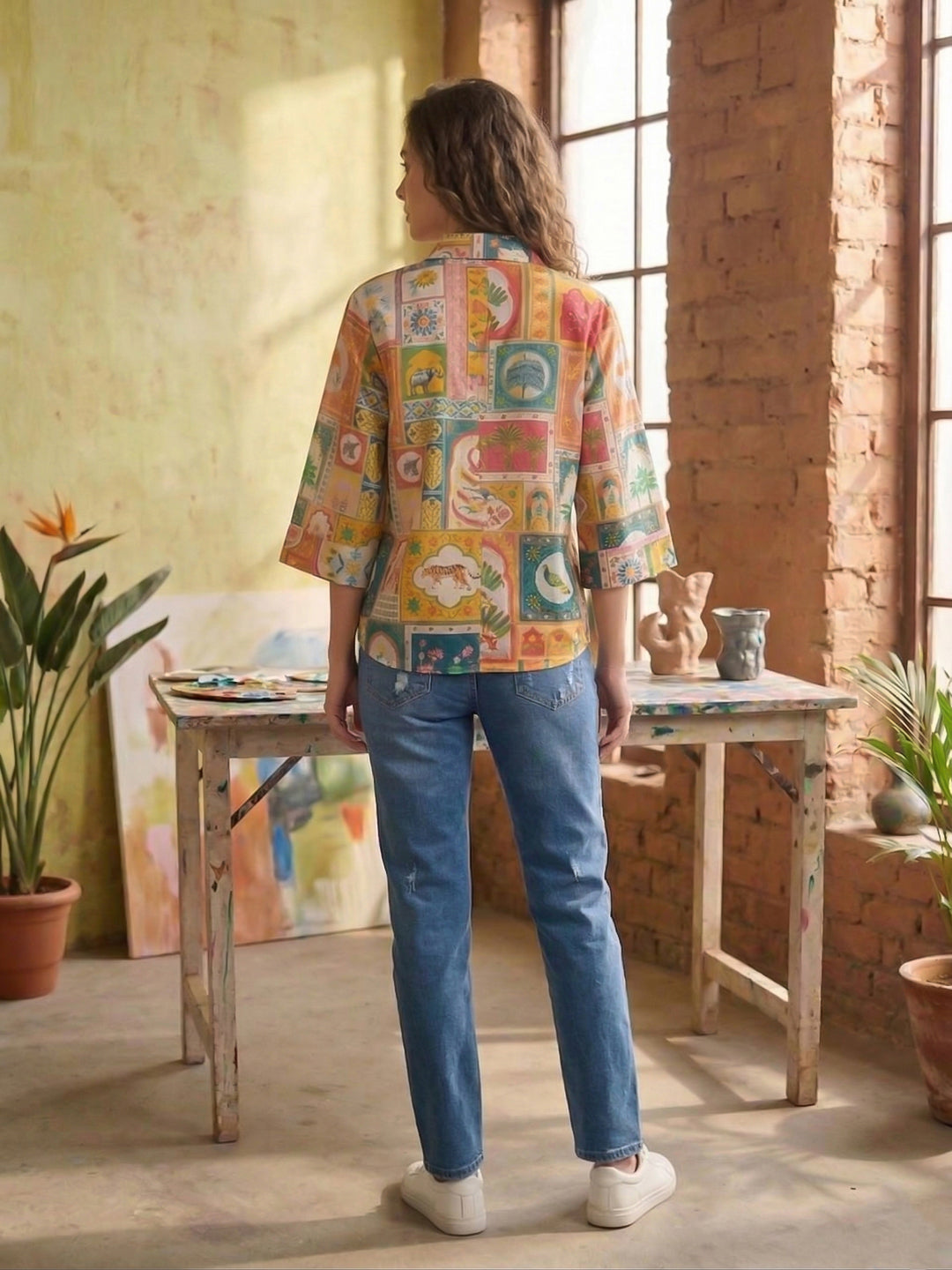 Multi-Colored Printed Cotton Blend Tunic Top