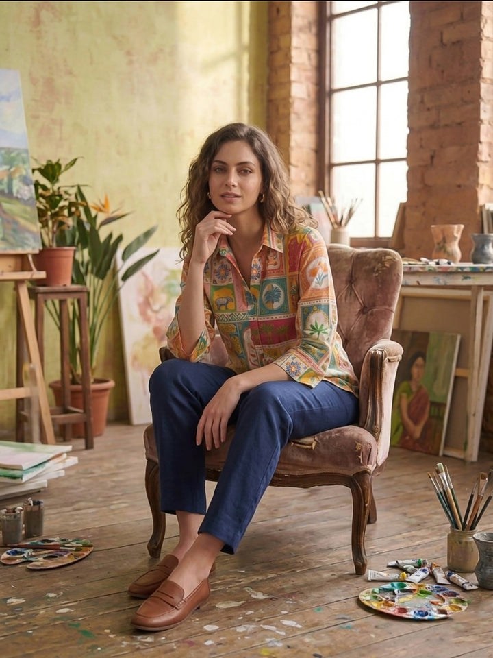 Multi-Colored Printed Cotton Blend Tunic Top