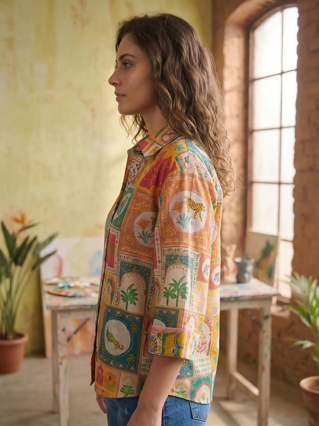 Multi-Colored Printed Cotton Blend Tunic Top