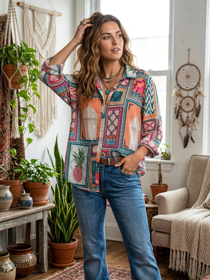 Multi-Colored Printed Cotton Blend Tunic Top
