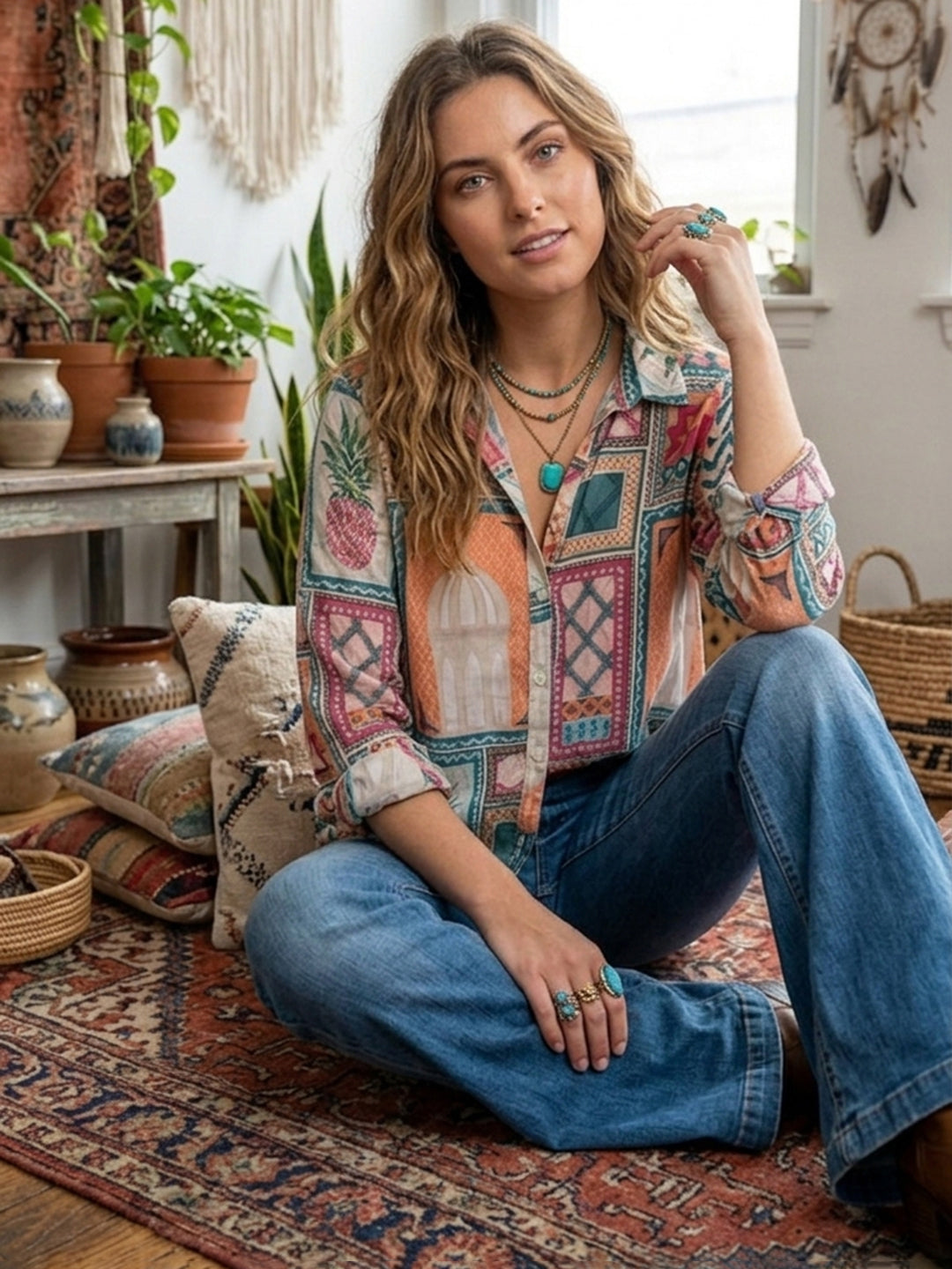Multi-Colored Printed Cotton Blend Tunic Top