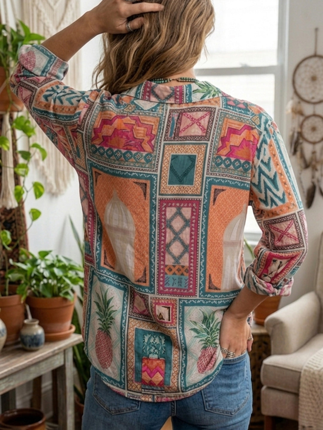 Multi-Colored Printed Cotton Blend Tunic Top