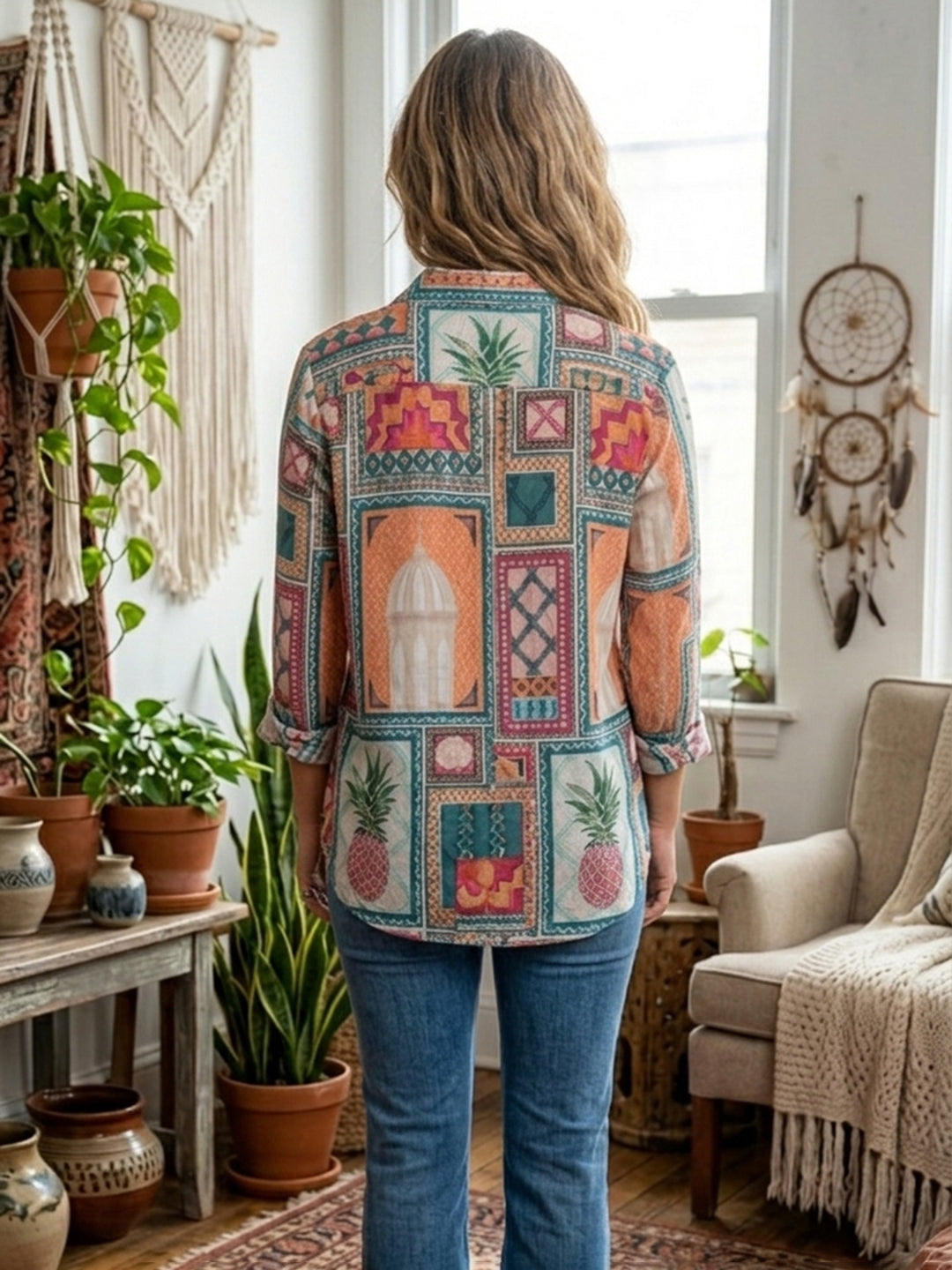 Multi-Colored Printed Cotton Blend Tunic Top