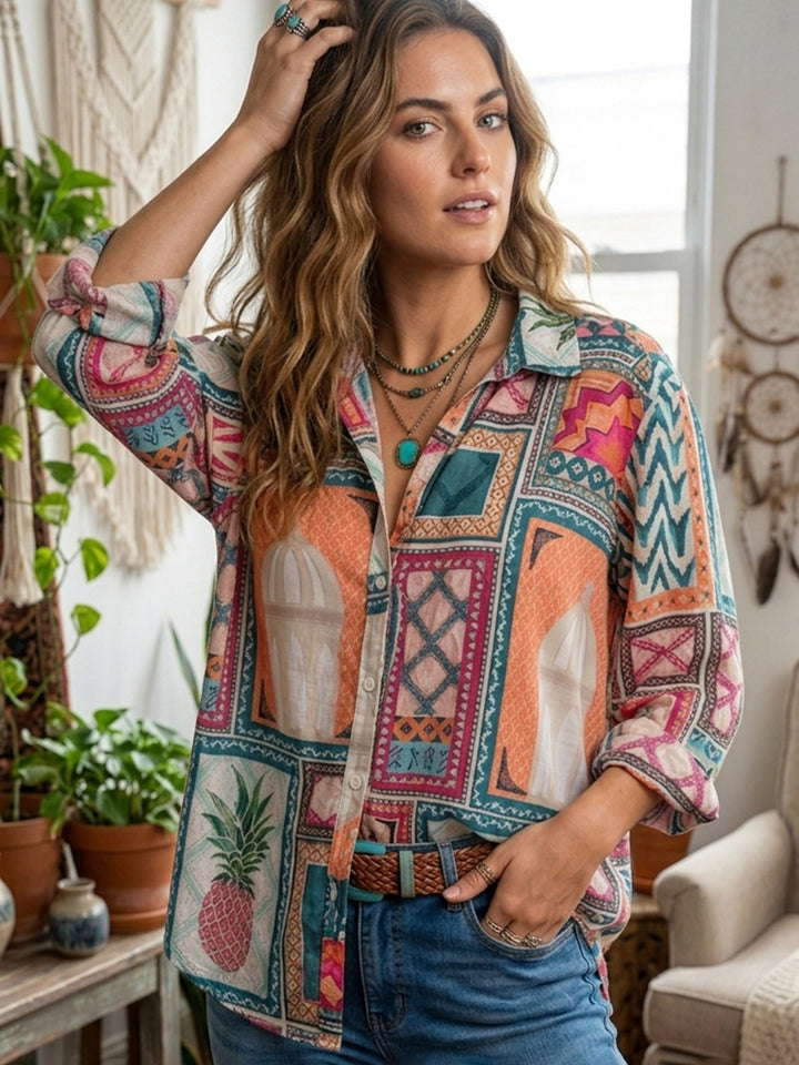 Multi-Colored Printed Cotton Blend Tunic Top
