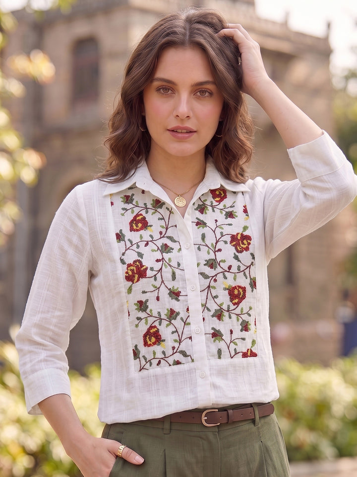White Printed Cotton Blend Tunic Top