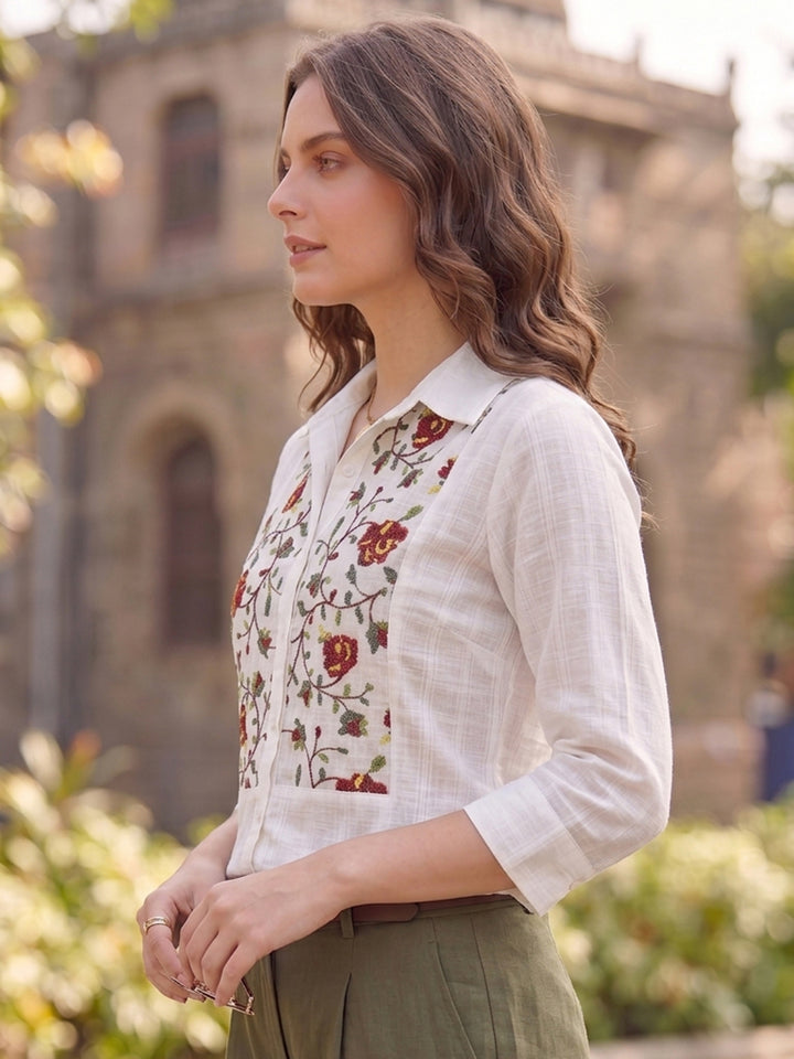 White Printed Cotton Blend Tunic Top