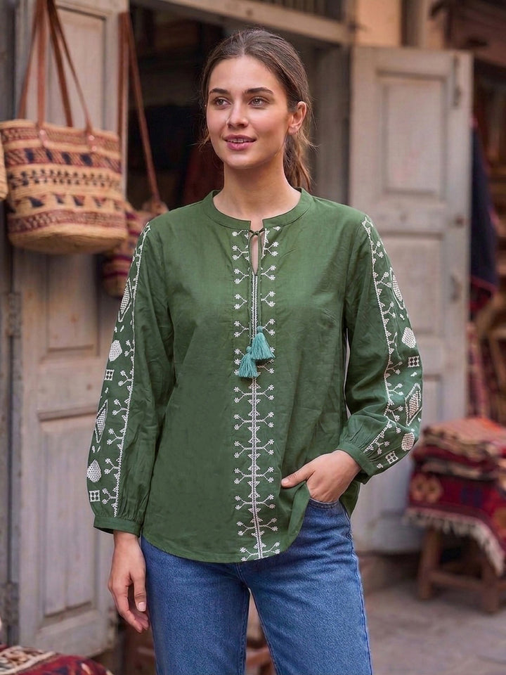 Green Printed Cotton Blend Tunic Top