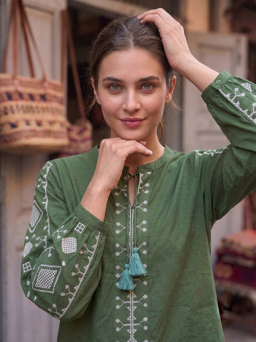 Green Printed Cotton Blend Tunic Top