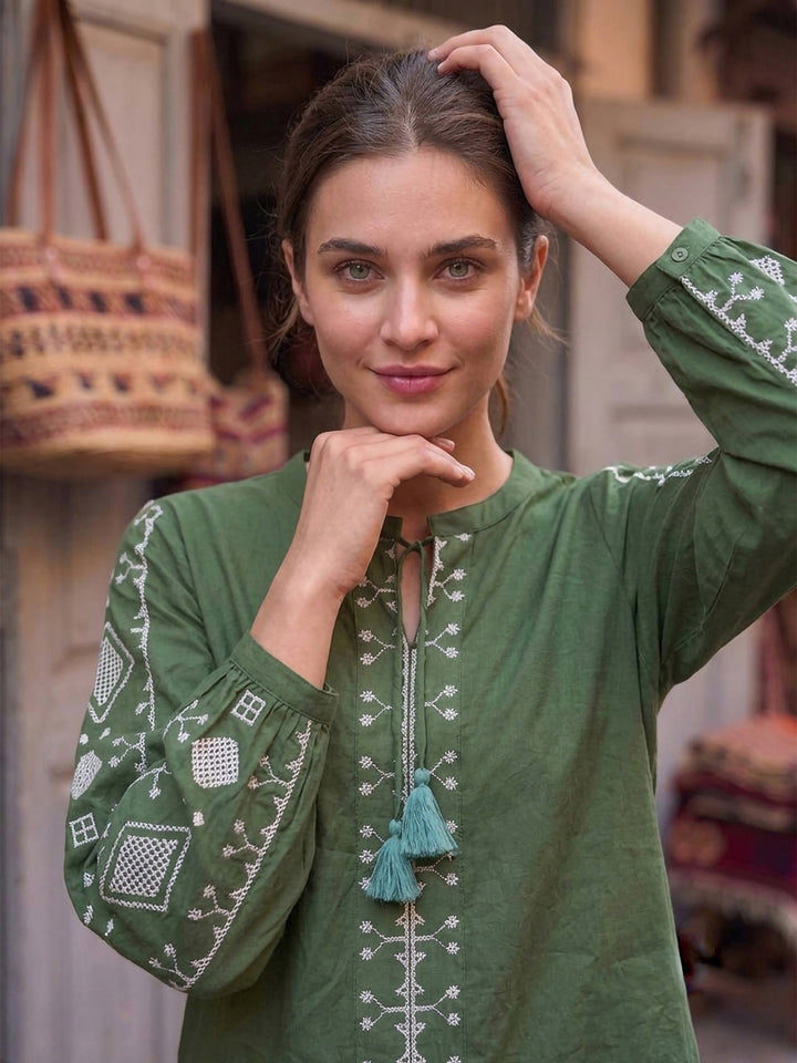 Green Printed Cotton Blend Tunic Top