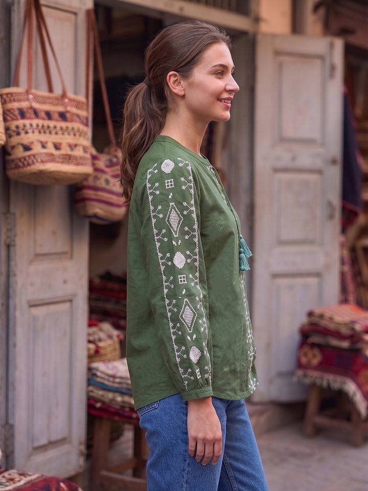 Green Printed Cotton Blend Tunic Top