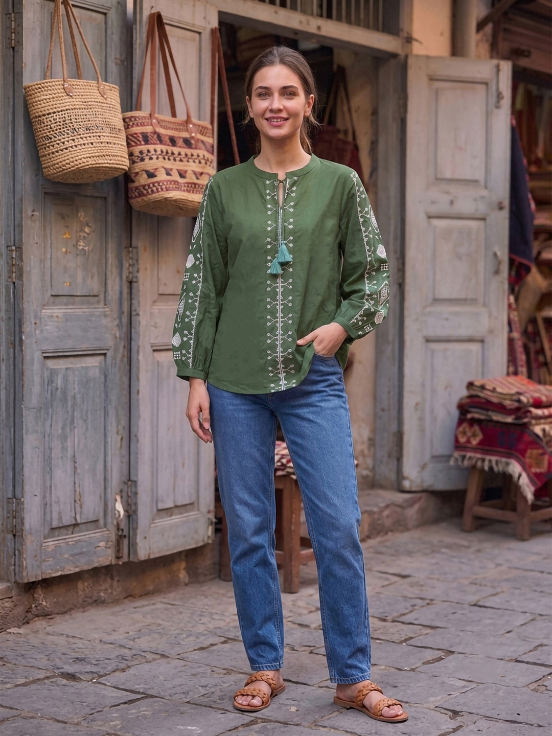 Green Printed Cotton Blend Tunic Top