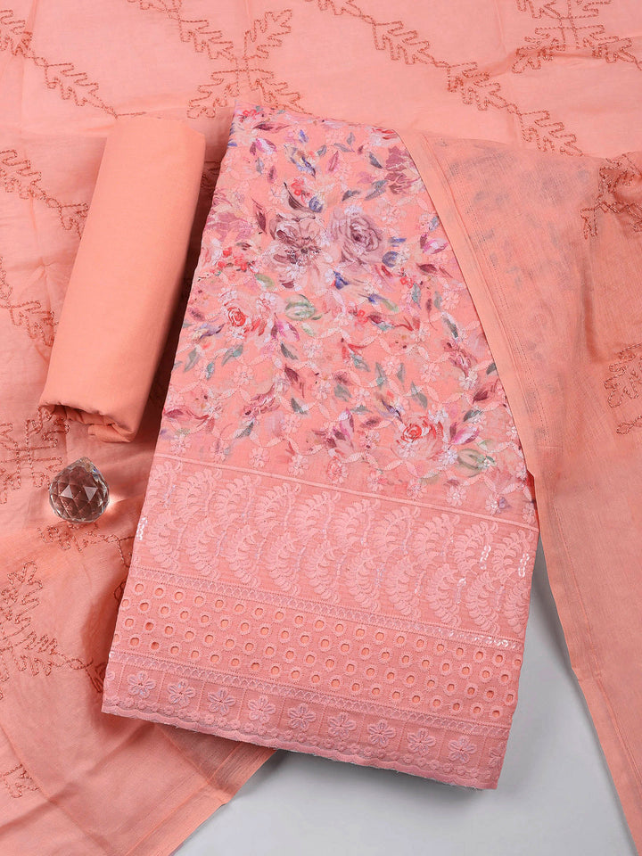 Peach Printed Cotton Blend Unstitched Suit &amp; Pant With Cotton Dupatta