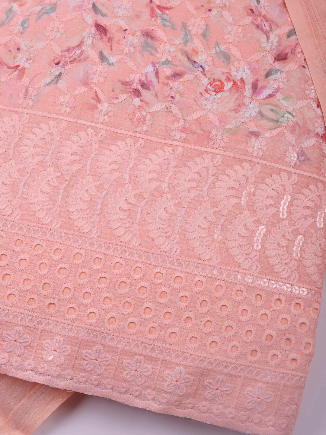 Peach Printed Cotton Blend Unstitched Suit &amp; Pant With Cotton Dupatta