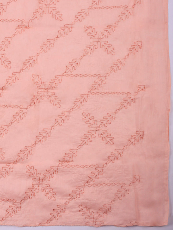 Peach Printed Cotton Blend Unstitched Suit &amp; Pant With Cotton Dupatta