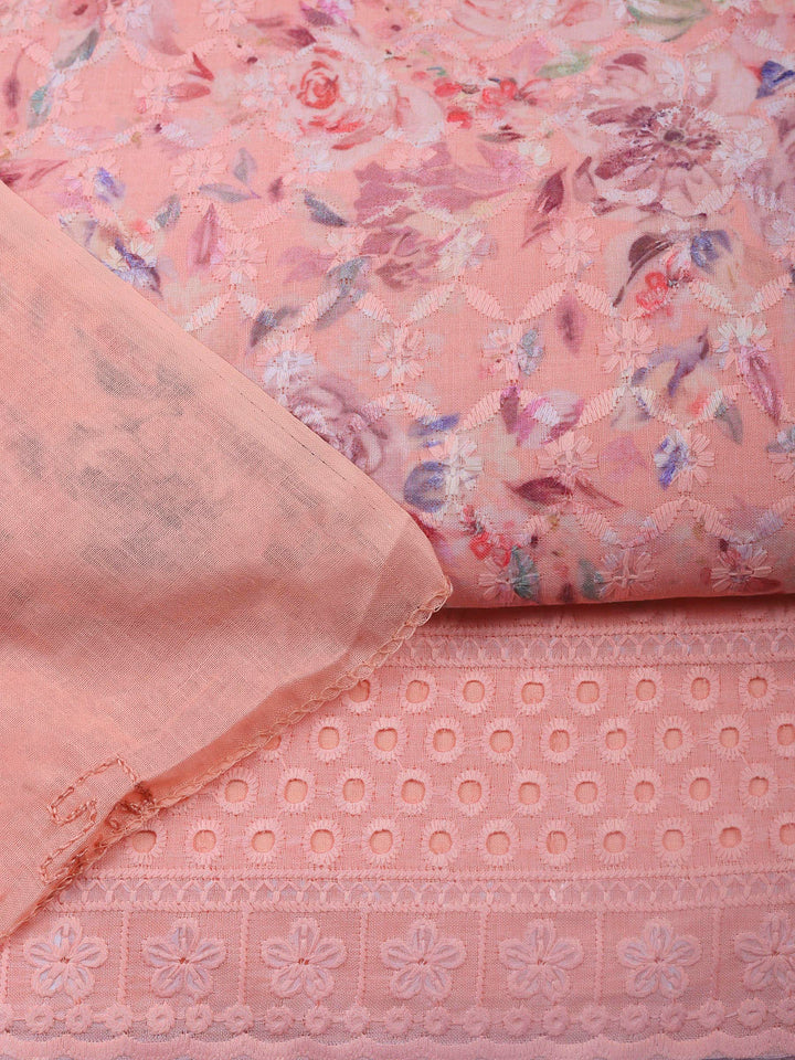 Peach Printed Cotton Blend Unstitched Suit &amp; Pant With Cotton Dupatta
