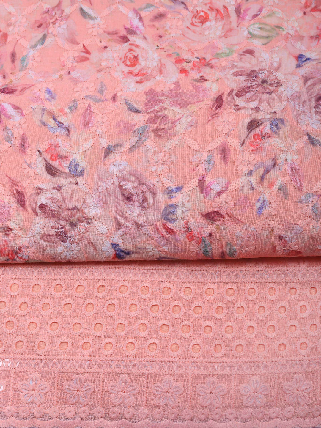 Peach Printed Cotton Blend Unstitched Suit &amp; Pant With Cotton Dupatta