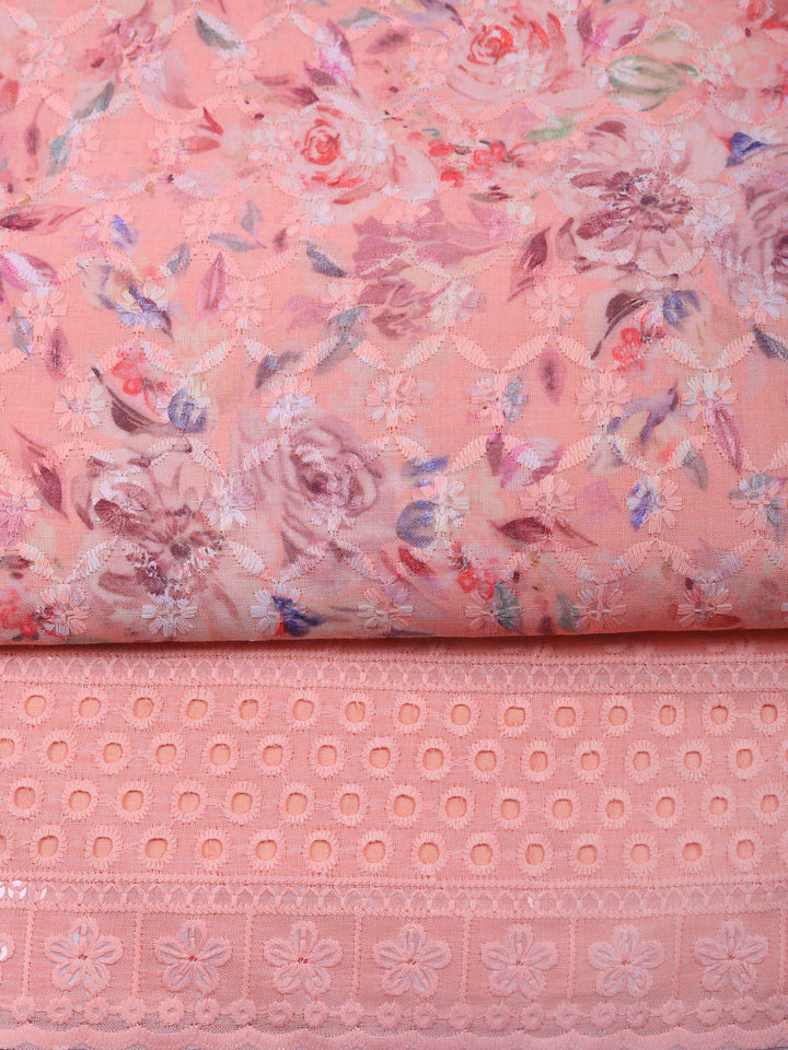 Peach Printed Cotton Blend Unstitched Suit &amp; Pant With Cotton Dupatta