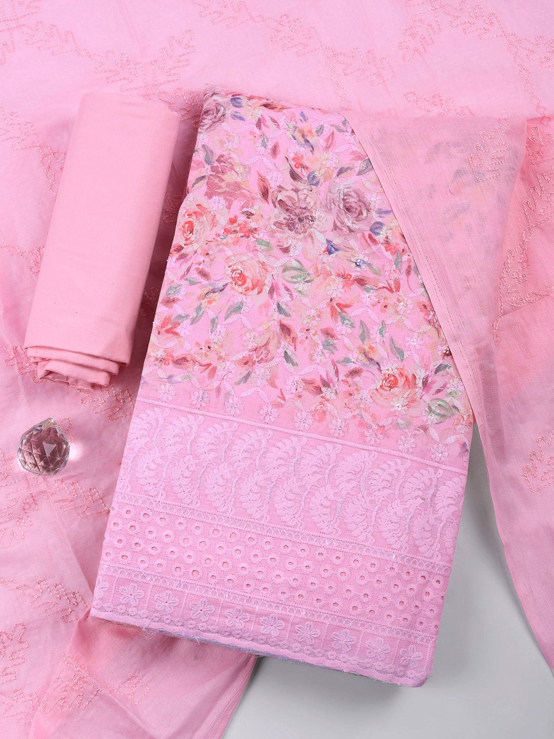 Pink Printed Cotton Blend Unstitched Suit &amp; Pant With Cotton Dupatta