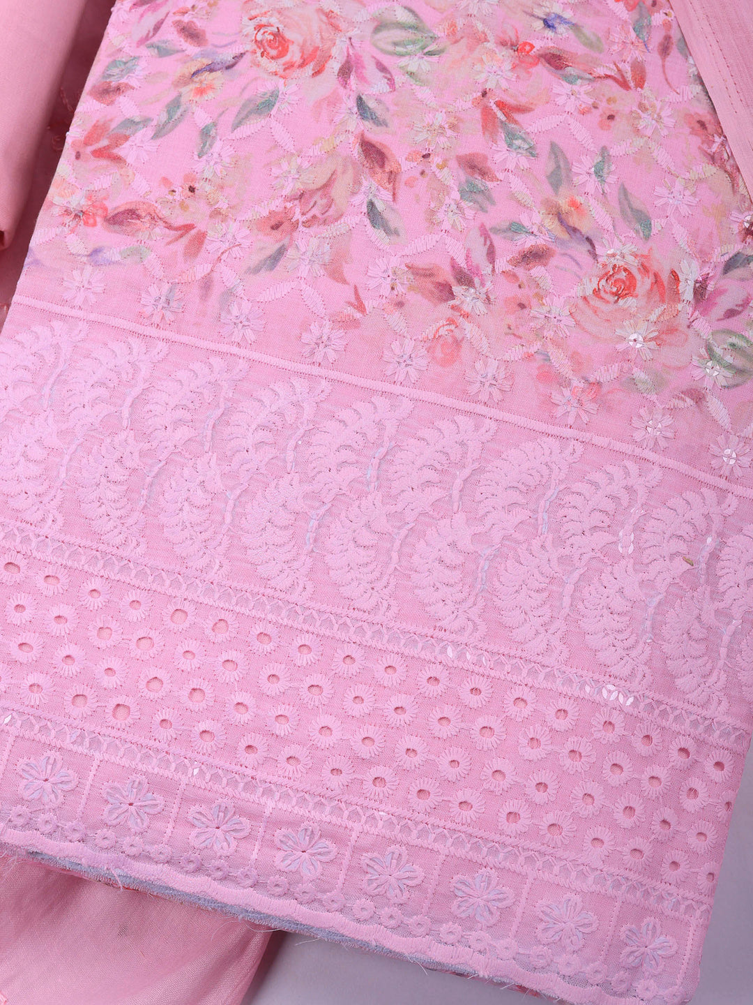 Pink Printed Cotton Blend Unstitched Suit &amp; Pant With Cotton Dupatta