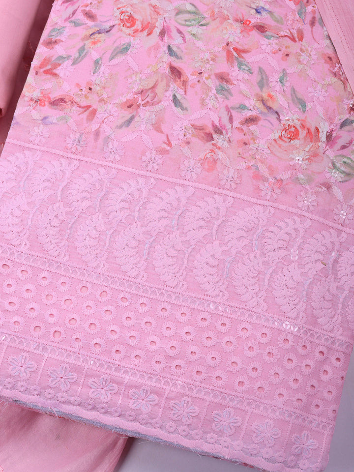 Pink Printed Cotton Blend Unstitched Suit &amp; Pant With Cotton Dupatta