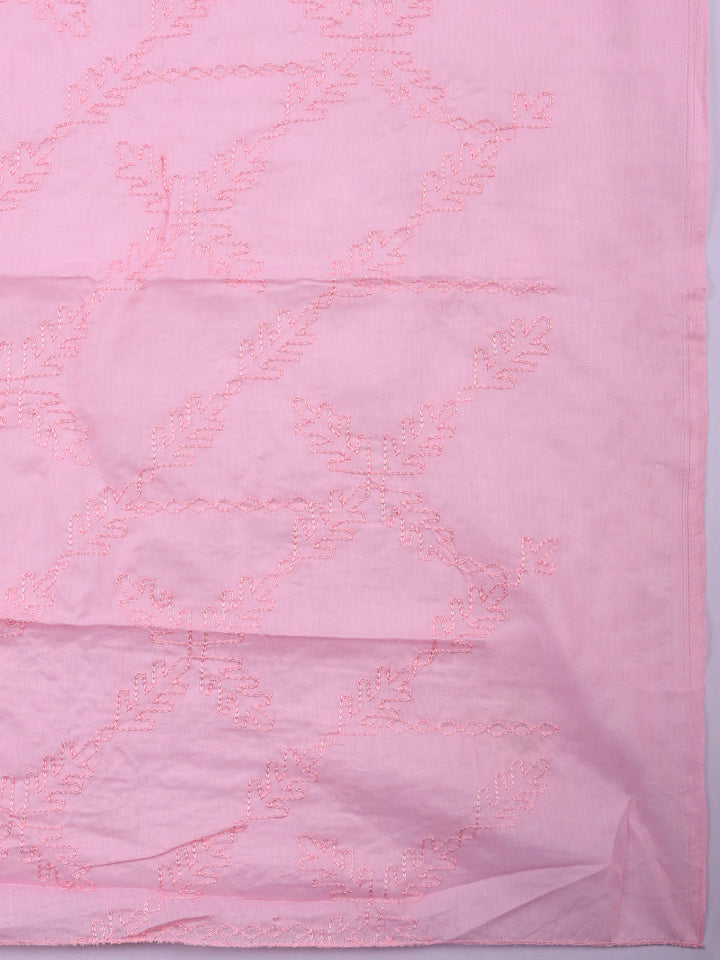 Pink Printed Cotton Blend Unstitched Suit &amp; Pant With Cotton Dupatta