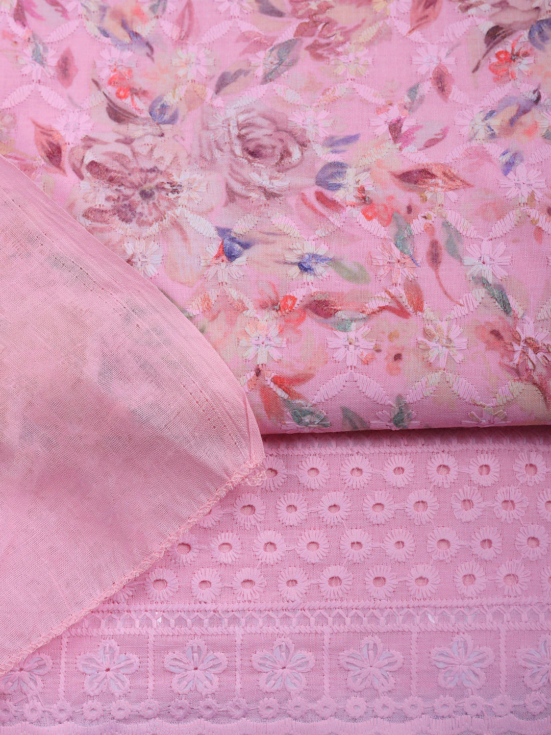 Pink Printed Cotton Blend Unstitched Suit &amp; Pant With Cotton Dupatta