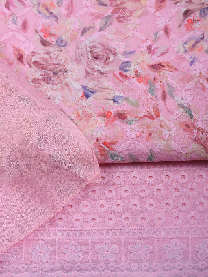 Pink Printed Cotton Blend Unstitched Suit &amp; Pant With Cotton Dupatta