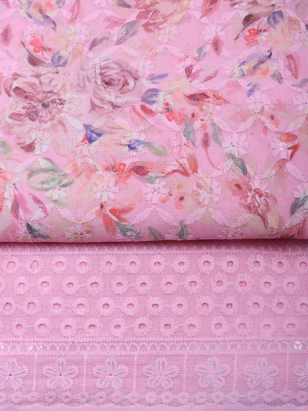 Pink Printed Cotton Blend Unstitched Suit &amp; Pant With Cotton Dupatta