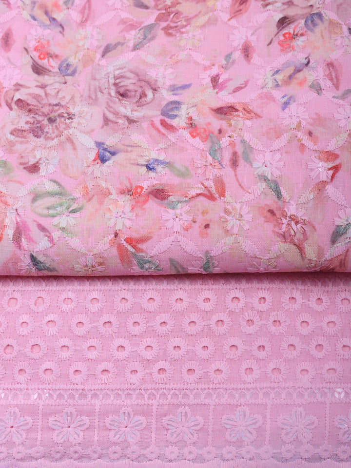 Pink Printed Cotton Blend Unstitched Suit &amp; Pant With Cotton Dupatta