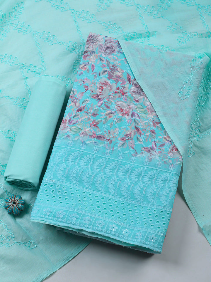 Sea Green Printed Cotton Blend Unstitched Suit &amp; Pant With Cotton Dupatta
