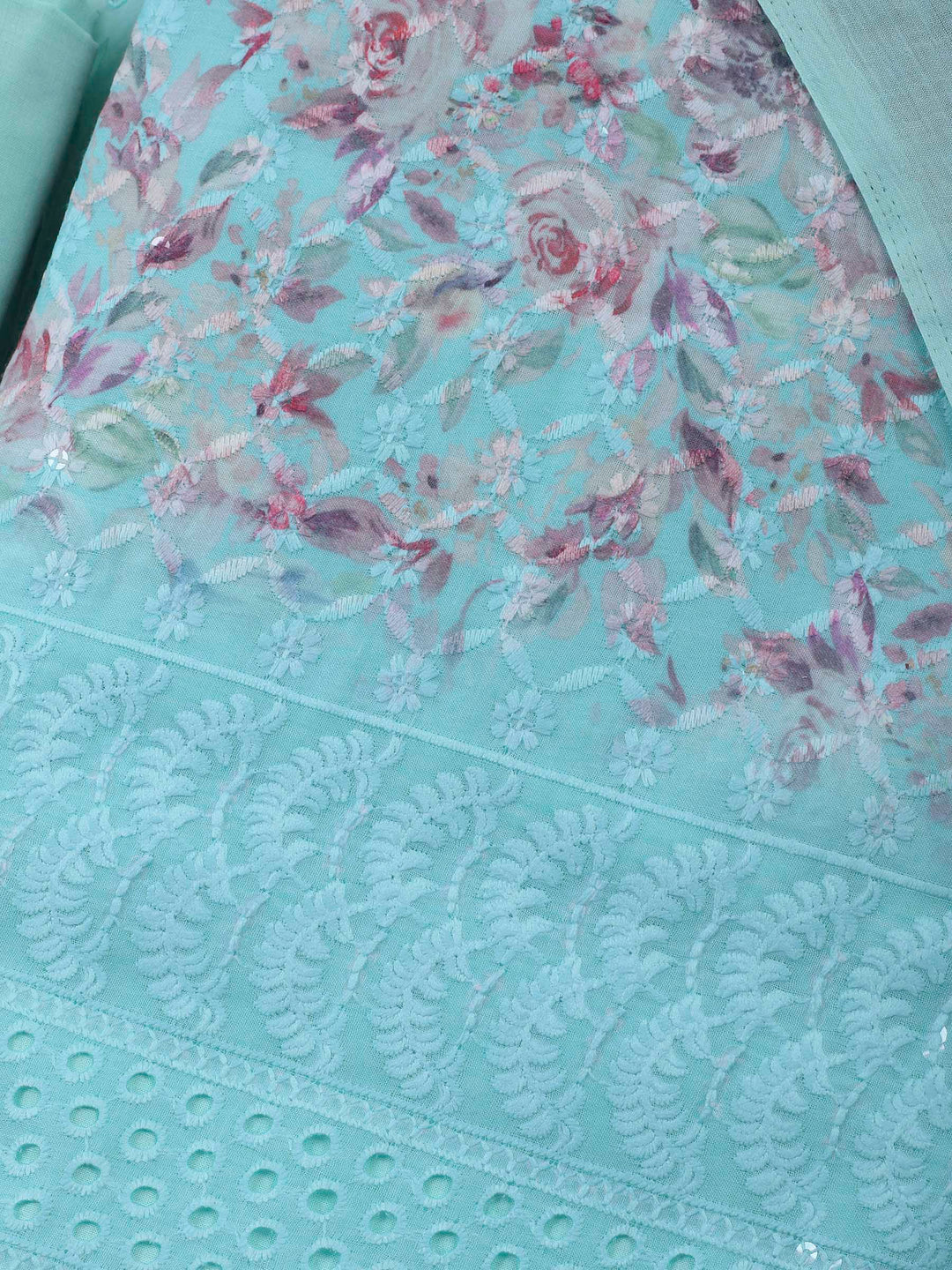Sea Green Printed Cotton Blend Unstitched Suit &amp; Pant With Cotton Dupatta