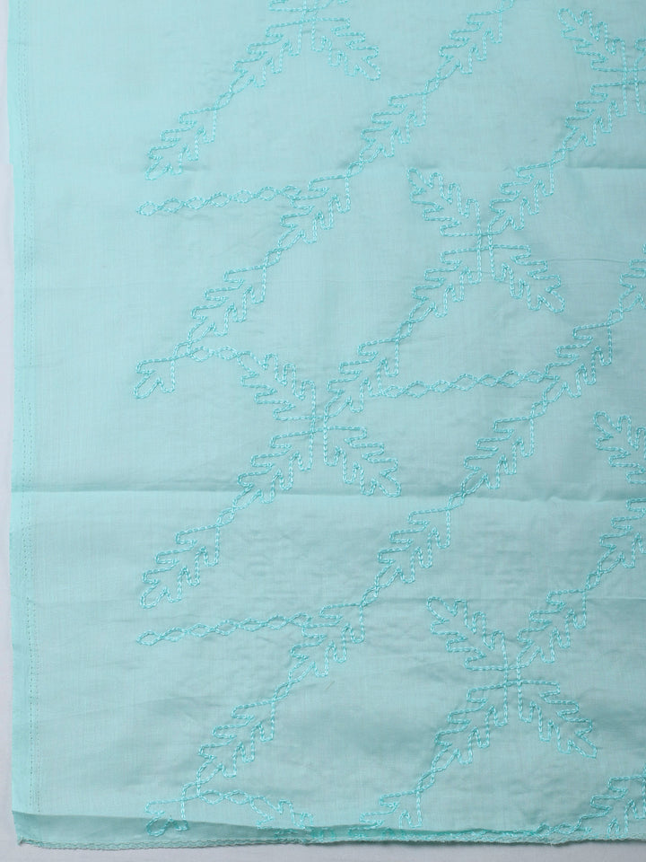 Sea Green Printed Cotton Blend Unstitched Suit &amp; Pant With Cotton Dupatta