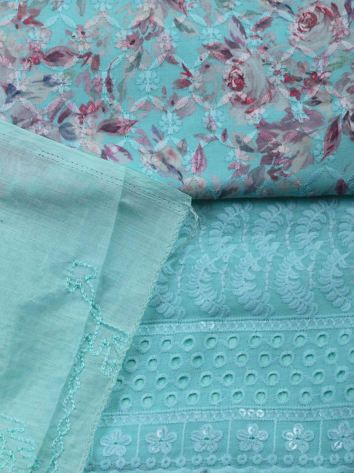 Sea Green Printed Cotton Blend Unstitched Suit &amp; Pant With Cotton Dupatta