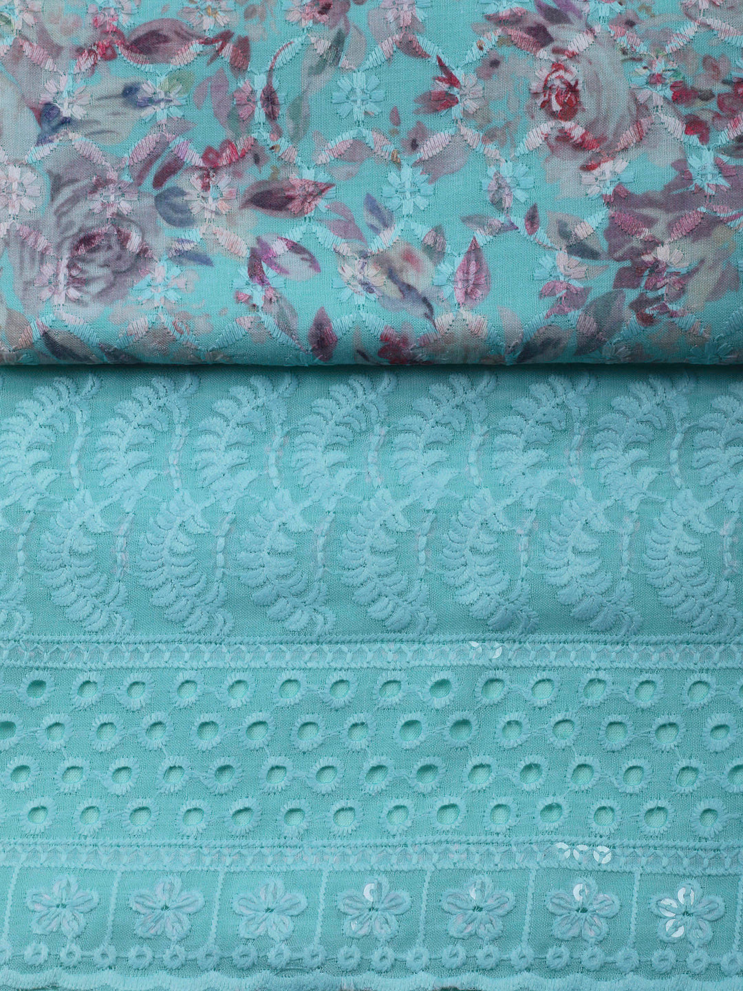Sea Green Printed Cotton Blend Unstitched Suit &amp; Pant With Cotton Dupatta