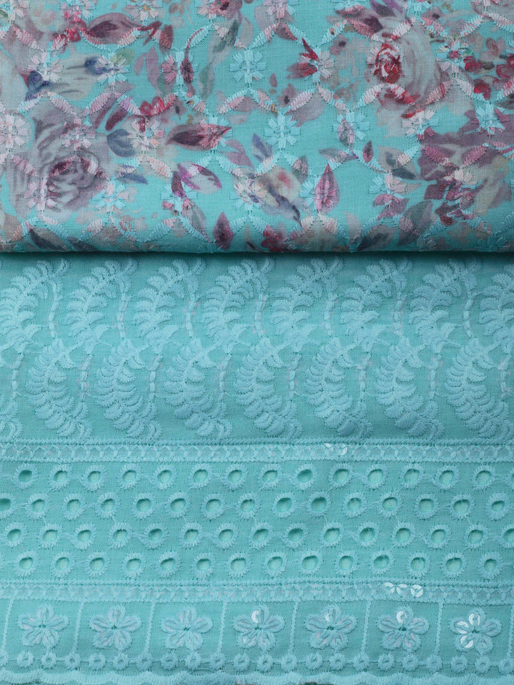 Sea Green Printed Cotton Blend Unstitched Suit &amp; Pant With Cotton Dupatta