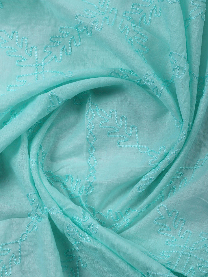 Sea Green Printed Cotton Blend Unstitched Suit &amp; Pant With Cotton Dupatta