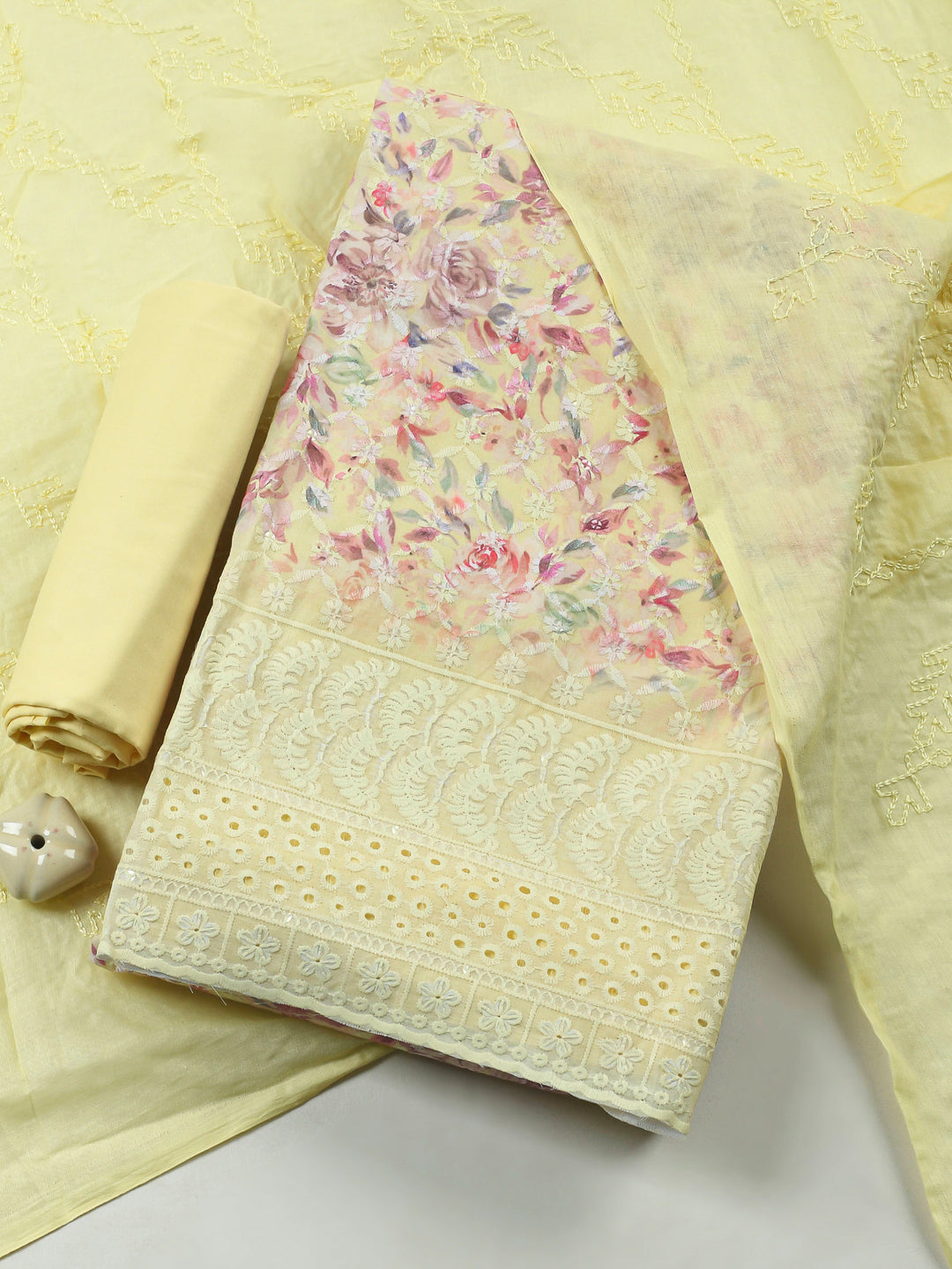 Yellow Printed Cotton Blend Unstitched Suit &amp; Pant With Cotton Dupatta