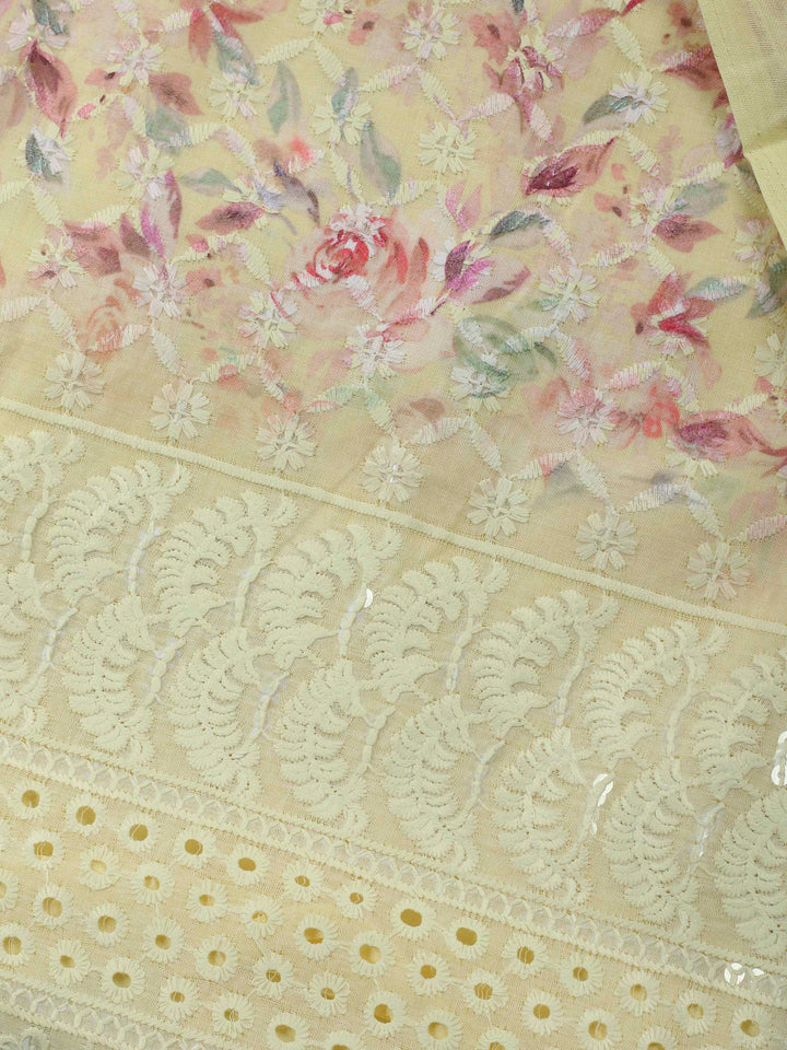 Yellow Printed Cotton Blend Unstitched Suit &amp; Pant With Cotton Dupatta