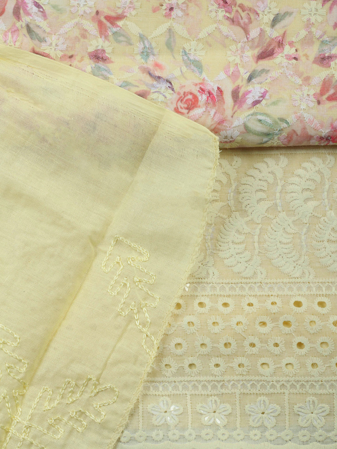 Yellow Printed Cotton Blend Unstitched Suit &amp; Pant With Cotton Dupatta