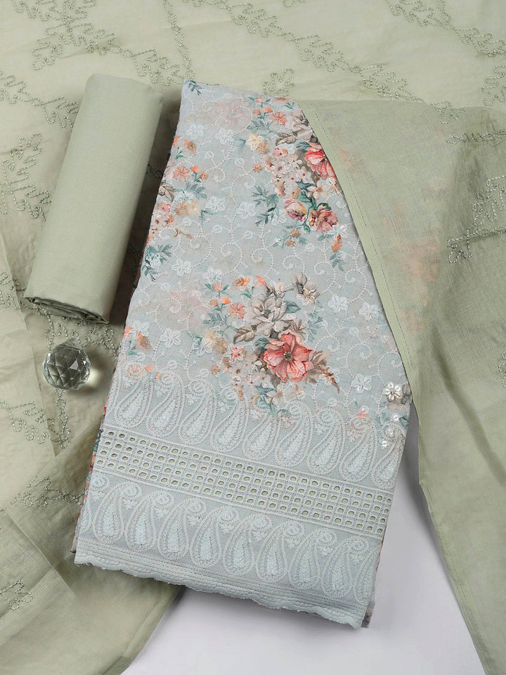 Aqua Embroidered Cotton Blend Unstitched Suit &amp; Pant With Cotton Dupatta