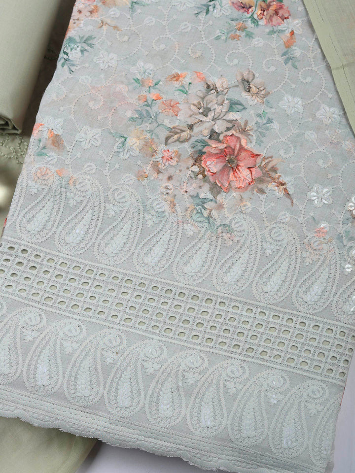 Aqua Embroidered Cotton Blend Unstitched Suit &amp; Pant With Cotton Dupatta